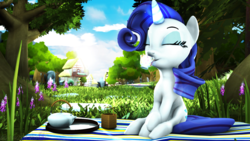 Size: 1920x1080 | Tagged: safe, artist:going2kilzu, rarity, pony, g4, 3d, basket, blanket, cup, eyes closed, female, kettle, magic, picnic, ponyville, poster, solo, source filmmaker, tea time, teacup, tree
