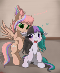 Size: 2060x2500 | Tagged: safe, artist:orang111, oc, oc only, oc:seafoam, oc:sweet skies, earth pony, pegasus, pony, biting, blushing, chest fluff, cute, dialogue, ear bite, ear fluff, female, frown, heck, high res, lesbian, looking at each other, mare, nom, oc x oc, ocbetes, open mouth, shipping, signature, sitting, spread wings, standing, wings