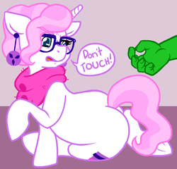 Size: 991x952 | Tagged: safe, artist:/d/non, raspberry latte, oc, oc:anon, pony, unicorn, g4, the parent map, /mlp/, clothes, drawthread, ear piercing, earring, female, glasses, jewelry, offscreen character, piercing, scarf