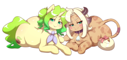 Size: 1691x800 | Tagged: safe, artist:spindlesx, derpibooru exclusive, oc, oc only, oc:brandi, oc:nature nurture, cow, pony, unicorn, 2018 community collab, derpibooru community collaboration, bell, blushing, bow, collar, cow ears, cowbell, cute, female, group, hips, horn, horns, looking at you, lying down, on side, simple background, tail, transparent background, wide hips