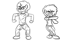 Size: 8000x4500 | Tagged: safe, artist:binary6, oc, oc only, oc:binary6, oc:happy wigglesworth, unicorn, anthro, absurd resolution, animation frame, clothes, cute, dancing, digital art, freckles, glasses, jeans, male, pants, shirt, size difference, t-shirt