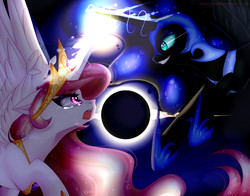 Size: 1790x1400 | Tagged: safe, artist:clefficia, nightmare moon, princess celestia, alicorn, pony, g4, crown, crying, duo, female, fight, glowing horn, helmet, horn, jewelry, mare, regalia, sisters, smiling
