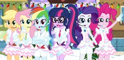 Size: 1920x938 | Tagged: source needed, safe, artist:osipush, edit, applejack, fluttershy, pinkie pie, rainbow dash, rarity, sci-twi, twilight sparkle, equestria girls, g4, anime, christmas, christmas lights, clothes, cosplay, costume, crossed arms, crossover, glasses, gloves, headset, holiday, humane five, humane six, love live!, love live! school idol project, mane six, microphone, open mouth, siivagunner, snow, snow halation, tree, μ's