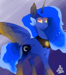 Size: 1610x1820 | Tagged: safe, artist:juliedraw2046, princess luna, alicorn, bat pony, bat pony alicorn, pony, g4, bat ponified, bat wings, cutie mark, female, freckles, glowing, glowing eyes, glowing hooves, glowing wings, looking up, lunabat, mare, moonbat, race swap, slit pupils, smiling, solo, spread wings, wings