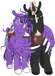 Size: 832x1142 | Tagged: safe, artist:quoting_mungo, oc, oc only, oc:mirror image, oc:scarlet ink, pegasus, pony, unicorn, 2018 community collab, derpibooru community collaboration, colored lineart, couple, hot coco, magic, plushie, simple background, transparent background, wing hands, wing hold