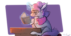 Size: 2560x1302 | Tagged: safe, raspberry latte, pony, g4, season 8, the parent map, book, clothes, drawthread, ear piercing, earring, glasses, glowing horn, horn, jewelry, magic, natural scent, piercing, reading, scarf, solo, telekinesis, temporary name