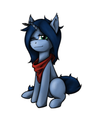 Size: 1000x1300 | Tagged: safe, artist:cobalt hex, oc, oc only, oc:cobalt hex, pony, unicorn, 2018 community collab, derpibooru community collaboration, bandana, blank flank, colored, ear fluff, lined, neckerchief, one eye closed, pen, shading, simple background, sitting, smiling, solo, transparent background, wink