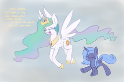 Size: 1500x1000 | Tagged: safe, artist:heir-of-rick, princess celestia, princess luna, alicorn, pony, g4, :t, cute, cutelestia, eyes closed, female, flying, gradient background, happy, here comes the sun, lunabetes, mare, open mouth, royal sisters, s1 luna, singing, smiling, song reference, spread wings, the beatles, underhoof, wings