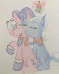 Size: 2055x2573 | Tagged: safe, artist:snivyshy24, starlight glimmer, trixie, pony, unicorn, g4, blushing, cheek fluff, christmas, clothes, duo, female, glowing horn, high res, holiday, holly, holly mistaken for mistletoe, horn, kissing, lesbian, magic, mare, one eye closed, scarf, ship:startrix, shipping, telekinesis, traditional art, wink