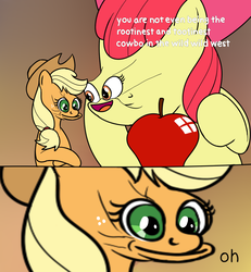 Size: 887x960 | Tagged: safe, artist:distancedpsyche, apple bloom, applejack, g4, are you frustrated?, cowbo, engrish, meme, my name is called woody and i am having a snake in my shoes, not salmon, oh, parody, parody of a parody, toy story, toy story 3, wat