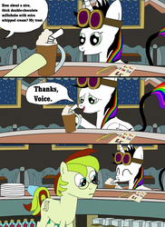 Size: 1700x2337 | Tagged: dead source, safe, artist:equestriaguy637, oc, oc only, oc:lightning bliss, oc:voice of reason, alicorn, earth pony, pony, comic:a magic lesson gone wrong, alicorn oc, analysis bronies, cafe, checklist, comic, cup, cutie mark, dialogue, dish towel, dishes, drinking, food, glasses, goggles, milkshake, paper, quill pen, secret rift cafe, speech bubble, straw, table, talking, whipped cream, window
