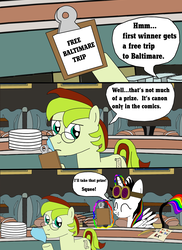 Size: 1700x2337 | Tagged: dead source, safe, artist:equestriaguy637, oc, oc only, oc:lightning bliss, oc:voice of reason, alicorn, earth pony, pony, comic:a magic lesson gone wrong, alicorn oc, analysis bronies, checklist, clipboard, comic, cutie mark, dialogue, dish towel, dishes, glasses, goggles, levitation, magic, paper, plate, quill pen, speech bubble, squee, table, talking, telekinesis