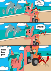 Size: 1700x2337 | Tagged: dead source, safe, artist:equestriaguy637, oc, oc only, oc:ripple effect, crab, dolphin, pony, unicorn, comic:a magic lesson gone wrong, beach, cloud, comic, cutie mark, dialogue, dolphin's tail, sand, shorriaia, solo, speech bubble, talking, water, wheelchair