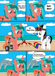 Size: 1700x2337 | Tagged: dead source, safe, artist:equestriaguy637, oc, oc only, oc:lightning bliss, oc:ripple effect, alicorn, crab, dolphin, pony, unicorn, comic:a magic lesson gone wrong, alicorn oc, analysis bronies, beach, cloud, comic, cutie mark, dialogue, goggles, sand, shorriaia, speech bubble, talking, water, wheelchair