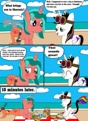 Size: 1700x2337 | Tagged: dead source, safe, artist:equestriaguy637, oc, oc only, oc:lightning bliss, oc:ripple effect, alicorn, crab, dolphin, pony, unicorn, comic:a magic lesson gone wrong, alicorn oc, analysis bronies, apple, basket, beach, blushing, cake, carrot, carrot dog, cloud, comic, cutie mark, dialogue, drink, food, glass of water, goggles, lying, muffin, picnic, picnic basket, picnic blanket, sand, sandwich, shorriaia, sitting, sleeping, speech bubble, straw, talking, water, wheelchair, zzz
