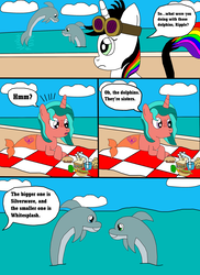 Size: 1700x2337 | Tagged: dead source, safe, artist:equestriaguy637, oc, oc only, oc:lightning bliss, oc:ripple effect, alicorn, dolphin, pony, unicorn, comic:a magic lesson gone wrong, alicorn oc, analysis bronies, beach, cake, carrot, carrot dog, cloud, comic, cutie mark, dialogue, drink, food, glass of water, goggles, lying, muffin, picnic, picnic blanket, sand, sandwich, shorriaia, speech bubble, straw, talking, water