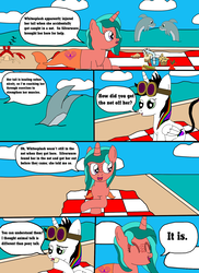 Size: 1700x2337 | Tagged: dead source, safe, artist:equestriaguy637, oc, oc only, oc:lightning bliss, oc:ripple effect, alicorn, crab, dolphin, pony, unicorn, comic:a magic lesson gone wrong, alicorn oc, analysis bronies, apple, beach, cake, cloud, comic, cutie mark, dialogue, drink, food, glass of water, goggles, lying, muffin, picnic, picnic blanket, sand, shorriaia, sitting, sleeping, speech bubble, straw, talking, water, zzz