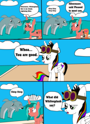 Size: 1700x2337 | Tagged: dead source, safe, artist:equestriaguy637, oc, oc only, oc:lightning bliss, oc:ripple effect, alicorn, dolphin, pony, unicorn, comic:a magic lesson gone wrong, alicorn oc, analysis bronies, beach, cloud, comic, cutie mark, dialogue, goggles, sand, shorriaia, speech bubble, talking, water, wheelchair