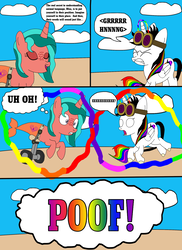 Size: 1700x2337 | Tagged: dead source, safe, artist:equestriaguy637, oc, oc only, oc:lightning bliss, oc:ripple effect, alicorn, pony, unicorn, comic:a magic lesson gone wrong, alicorn oc, analysis bronies, beach, cloud, comic, cutie mark, dialogue, goggles, levitation, magic, poof, sand, screaming, self-levitation, shorriaia, speech bubble, talking, telekinesis, thought bubble, wheelchair