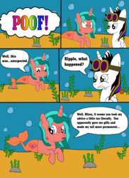 Size: 1700x2337 | Tagged: dead source, safe, artist:equestriaguy637, oc, oc only, oc:lightning bliss, oc:ripple effect, alicorn, merpony, sea pony, unicorn, comic:a magic lesson gone wrong, alicorn oc, analysis bronies, bubble, comic, cutie mark, dialogue, food, gills, goggles, pineapple, poof, rock, seaponified, seaweed, species swap, speech bubble, spongebob reference, spongebob squarepants, talking, underwater