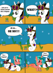 Size: 1700x2337 | Tagged: dead source, safe, artist:equestriaguy637, oc, oc only, oc:lightning bliss, oc:ripple effect, alicorn, merpony, sea pony, unicorn, comic:a magic lesson gone wrong, alicorn oc, analysis bronies, bubble, comic, cutie mark, dialogue, gills, goggles, rock, screaming, seaponified, seaweed, species swap, speech bubble, swimming, talking, underwater