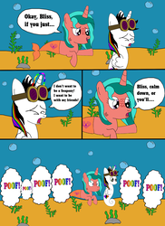 Size: 1700x2337 | Tagged: dead source, safe, artist:equestriaguy637, oc, oc only, oc:lightning bliss, oc:ripple effect, alicorn, merpony, sea pony, unicorn, comic:a magic lesson gone wrong, alicorn oc, analysis bronies, bubble, comic, cutie mark, dialogue, gills, goggles, magic, poof, rock, seaponified, seaweed, species swap, speech bubble, talking, telekinesis, underwater