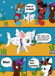 Size: 1700x2337 | Tagged: dead source, safe, artist:equestriaguy637, oc, oc only, oc:dr. wolf, oc:eliyora, oc:lightning bliss, oc:thespio, oc:toonkriticy2k, alicorn, pegasus, pony, sea pony, unicorn, comic:a magic lesson gone wrong, alicorn oc, analysis bronies, bubble, clothes, collar, comic, cutie mark, dialogue, goggles, hat, jacket, red and black oc, rock, sea wolf, seaponified, seaweed, species swap, speech bubble, talking, top hat, underwater