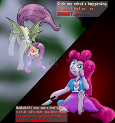 Size: 891x960 | Tagged: safe, artist:marsh-mal-oh, fluttershy, pinkie pie, bat pony, equestria girls, g4, breasts, corrupted, flutterbat, fog, glowing eyes, human to pony, knife, mental shift, pinkamena diane pie, race swap, transformation