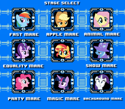Size: 768x672 | Tagged: safe, applejack, fluttershy, pinkie pie, rainbow dash, rarity, starlight glimmer, sunset shimmer, trixie, twilight sparkle, earth pony, pony, unicorn, g4, :o, background pony, background pony rarity, bust, c:, cute, equality, female, frown, glare, grin, lidded eyes, looking at you, magic, mare, mega man (series), megamare, open mouth, party, portrait, raised eyebrow, smiling, smirk, stage select, unamused, wide eyes