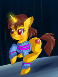 Size: 679x894 | Tagged: safe, artist:brok-enwings, pony, unicorn, blushing, clothes, crossover, female, frisk, glowing horn, heart, horn, mare, ponified, pullover, solo, sweater, undertale, walking