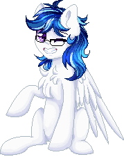 Size: 179x225 | Tagged: safe, artist:sketchyhowl, oc, oc only, oc:storm cloud, pegasus, pony, animated, chest fluff, female, gif, glasses, mare, one eye closed, pixel art, raised hoof, simple background, solo, transparent background, wink