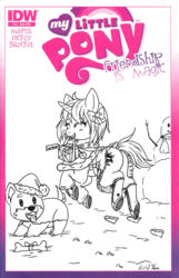 Size: 1235x1920 | Tagged: safe, artist:moonkitty, oc, oc only, dog, pony, unicorn, black and white, bone, bow, christmas, clothes, comic cover, commission, converse, costume, dress, female, grayscale, hair bow, hat, holiday, hoofprints, mare, monochrome, pet, present, puppy, santa costume, santa hat, shoes, snow, snowman, traditional art