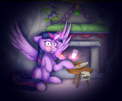 Size: 3400x2800 | Tagged: safe, artist:klarapl, twilight sparkle, alicorn, pony, g4, belly button, caught, chimney, cookie, everything is ruined, fireplace, food, glowing horn, high res, horn, light, magic, milk, night, note, plate, santa claus, sitting, table, telekinesis, twilight sparkle (alicorn)