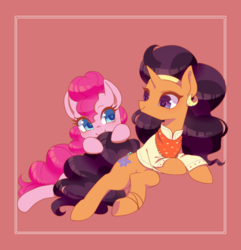 Size: 1200x1244 | Tagged: safe, artist:kkmrarar, pinkie pie, saffron masala, earth pony, pony, unicorn, g4, spice up your life, clothes, cute, diapinkes, ear piercing, earring, female, jewelry, lesbian, looking at each other, mare, piercing, red background, saffronbetes, saffronpie, shipping, simple background, smiling, that was fast