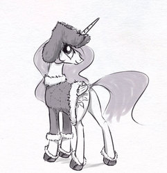 Size: 779x809 | Tagged: safe, artist:el-yeguero, princess celestia, pony, g4, female, hat, looking back, mare, monochrome, sketch, smiling, solo, ushanka, winter outfit