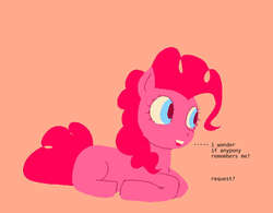 Size: 628x490 | Tagged: safe, artist:pighead, pinkie pie, pony, dialogue, female, prone, requests, simple background, solo