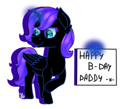 Size: 1176x1059 | Tagged: safe, artist:spokenmind93, oc, oc only, oc:nyx, alicorn, pony, alicorn oc, birthday, female, filly, floating, looking away, looking down, magic, shy, simple background, solo, transparent background