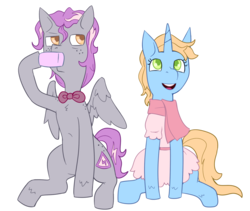 Size: 1229x1037 | Tagged: safe, artist:php93, oc, oc only, oc:skydiver, oc:zeninji, pegasus, pony, unicorn, 2018 community collab, derpibooru community collaboration, bowtie, clothes, dress, duo, freckles, scarf, simple background, sitting, transparent background