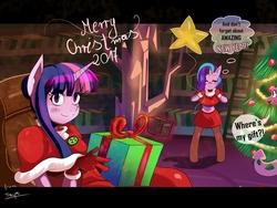 Size: 1205x907 | Tagged: safe, artist:traupa, spike, starlight glimmer, twilight sparkle, dragon, anthro, unguligrade anthro, g4, balloon, blushing, christmas, christmas tree, clothes, costume, holiday, new year, present, santa costume, tree