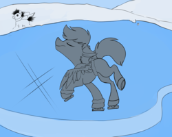Size: 2500x2000 | Tagged: safe, artist:veesocks, oc, oc only, clothes, coat, commission, high res, ice, ice skating, monochrome, scarf, sketch, smiling, snow, snowpony