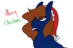 Size: 2230x1480 | Tagged: safe, artist:speaks-in-sketches, oc, oc only, oc:spec steele, pony, :p, christmas, draft horse, hat, holiday, merry christmas, santa hat, simple background, solo, tongue out, white background