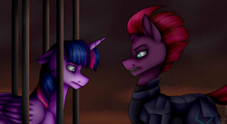 Size: 2109x1158 | Tagged: safe, artist:ggchristian, tempest shadow, twilight sparkle, alicorn, pony, g4, my little pony: the movie, cage, scene interpretation, twilight sparkle (alicorn)