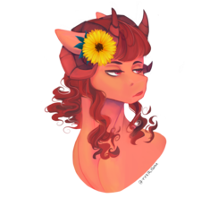 Size: 1500x1536 | Tagged: safe, artist:mentalphase, oc, oc only, oc:lucifer, pony, bust, female, flower, flower in hair, horns, mare, portrait, ram horns, simple background, solo, transparent background