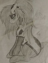Size: 1823x2411 | Tagged: safe, artist:teardrop, oc, oc only, oc:tetra, earth pony, pony, clothes, curious, cute, female, floppy ears, hair tie, leggings, long mane, long tail, mare, monochrome, paint (horse breed), ponytail, shy, socks, solo, spots, timid, traditional art, yandere