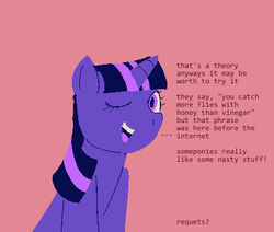 Size: 456x386 | Tagged: safe, artist:pighead, twilight sparkle, pony, unicorn, female, looking at you, mare, one eye closed, requests, simple background, solo, text, wink