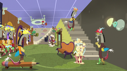 Size: 1280x720 | Tagged: safe, screencap, discord, draconequus, discordant harmony, g4, discord crew, glasses, hard hat, lamp, male, multeity, self paradox, staircase, stairs