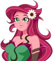 Size: 909x1054 | Tagged: dead source, safe, artist:rosemile mulberry, gaea everfree, gloriosa daisy, equestria girls, g4, my little pony equestria girls: legend of everfree, beautiful, clothes, costume, female, flower, flower in hair, freckles, simple background, smiling, solo, white background