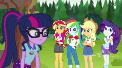 Size: 1280x720 | Tagged: safe, screencap, applejack, rainbow dash, rarity, sci-twi, sunset shimmer, twilight sparkle, equestria girls, g4, my little pony equestria girls: legend of everfree, camp everfree outfits, clothes, cowboy hat, crossed arms, female, freckles, hat, scenery, shorts, stetson
