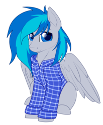 Size: 1391x1697 | Tagged: safe, artist:gleamydreams, derpibooru exclusive, oc, oc only, oc:moontune, pegasus, pony, 2018 community collab, derpibooru community collaboration, clothes, gift art, looking at you, request, shirt, simple background, sitting, spread wings, transparent background, wings