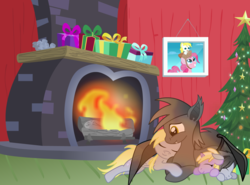 Size: 1525x1127 | Tagged: safe, artist:darktailsko, derpy hooves, dinky hooves, oc, oc:fireworks, oc:silver shadow, g4, canon x oc, children, christmas, christmas tree, cuddling, family, female, fireplace, food, hearth's warming, holiday, male, muffin, straight, tree